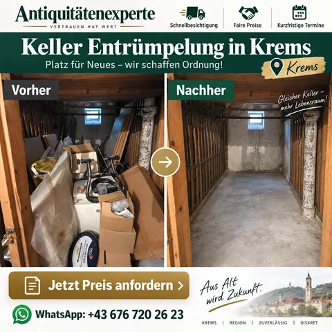 Entrümpelung Krems an der Donau – Kellerabteil vor der Räumung mit Kartons und Kisten, danach leer und besenrein