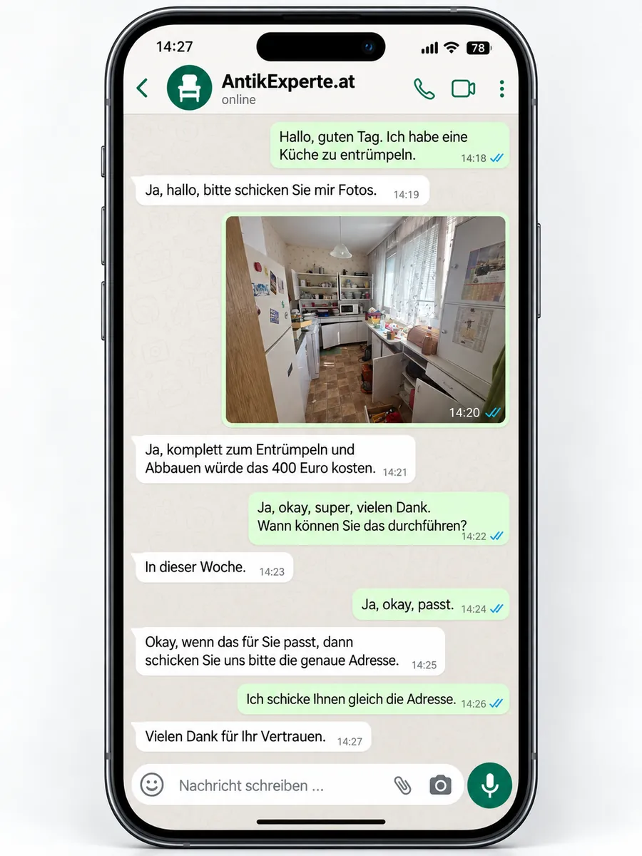 Küchenentrümpelung Klosterneuburg: WhatsApp-Anfrage bei AntikExperte mit Foto der alten Küche und Preisangebot für die Demontage