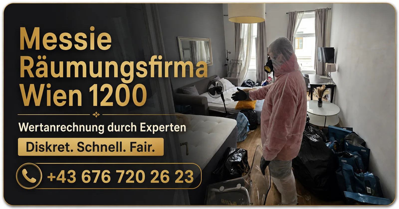 Messie Räumungsfirma Wien 1200 Wertanrechnung – Einsatz in einer vollgestellten Wohnung Messie Räumungsfirma Wien 1200 Wertanrechnung: Mitarbeiter im Schutzanzug räumt eine vollgestellte Wohnung in Brigittenau strukturiert leer