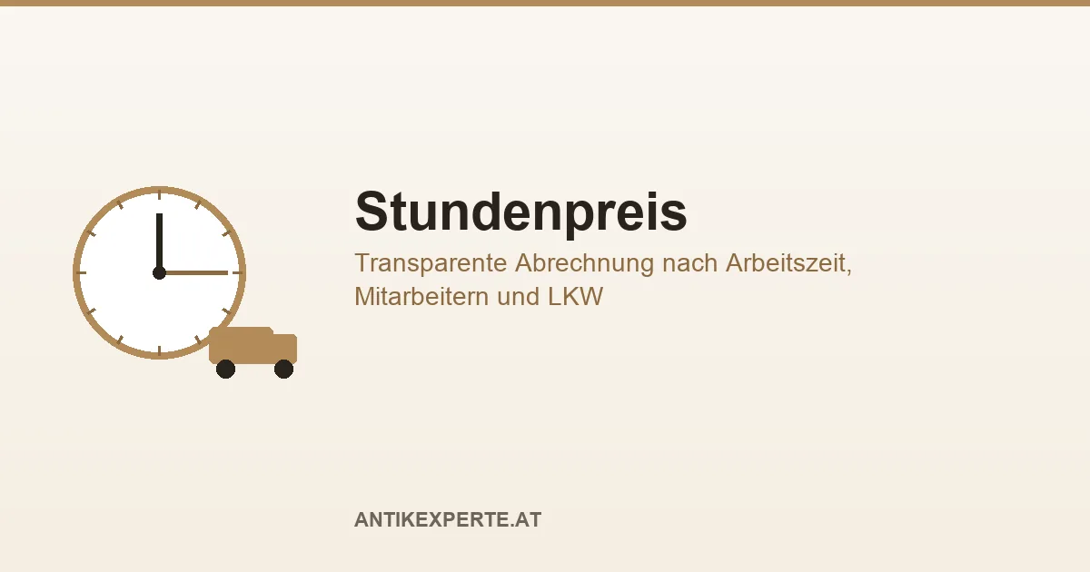 Stundenpreis bei AntikExperte: Illustration mit Uhr und LKW-Symbol für transparente Abrechnung nach Arbeitszeit